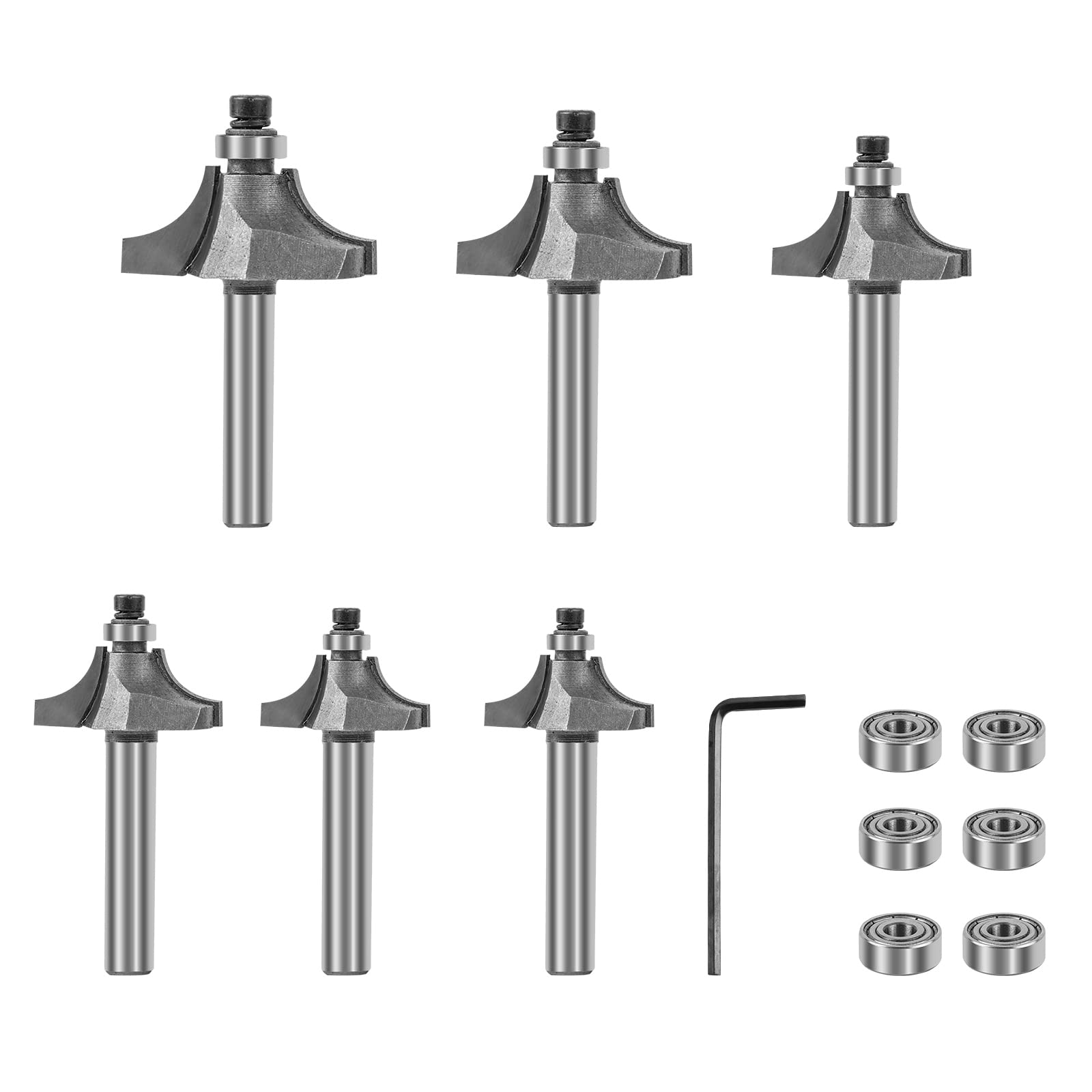 Yueqing Zhongji 6pcs Roundover Router Bits Set 1/4 Shank, with 6 Bearings 1/2" Corner Round Over Router Bits Carbide Roundover Bits for Rounding Edge Forming (Radius 3/8" 5/16" 1/4" 3/16" 5/32" 1/8" ) — image 1