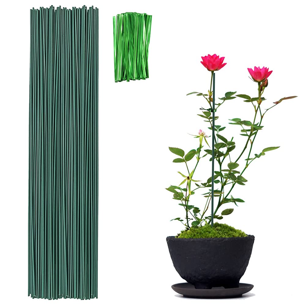 Lifreer 50PCS Plant Support Sticks 40cm Green Plant Support Sticks Canes Flowers Floral Plant Split Support and 100 Adjustable Plant Ties for Flowers Garden