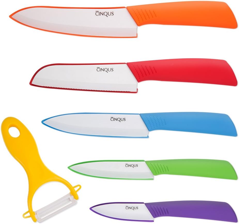 Ceramic Knife Set - 6 Piece kitchen Set of Knives Ceramic Set with Sheath Covers & Ceramic Peeler – Anti-Bacterial Blade Knives - Includes Paring, Fruit, Utility, Chef & Bread Knife – By CINQUS