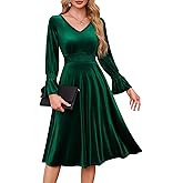Meetjen Women's Velvet Midi Dress V Neck Long Sleeve Elastic Waist Smocked Elegant Cocktail Party Dresses 2025