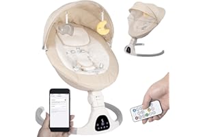 JFOVMCYG Baby Swing for Infants to Toddler Portable Babies Swing Timing Function 5 Swing Speeds Bluetooth Touch Screen Music Speaker with 10 Preset Lullabies 5-Point Carabiner (Ivory White)