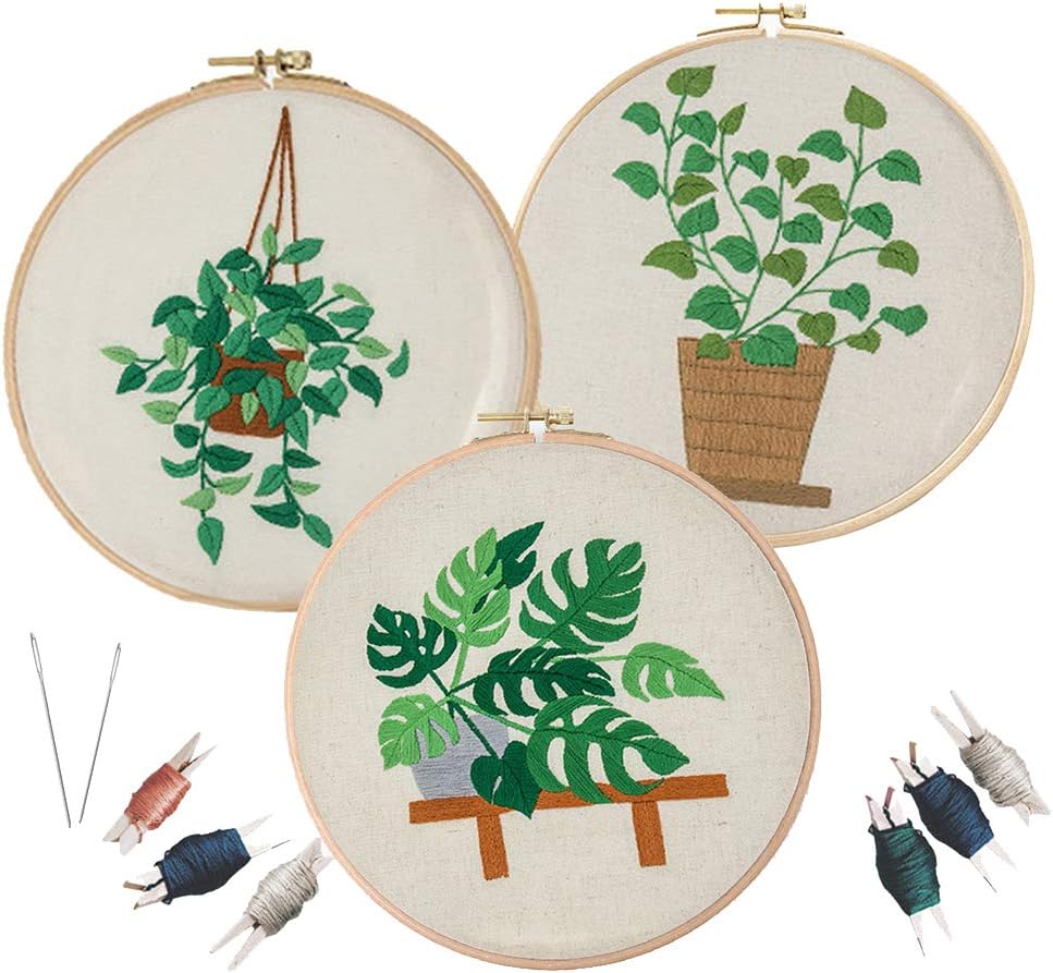 Chiconon 3 Pcs Full Range of Embroidery Starter Kit Including Instructions, 3 Pieces Bamboo Embroidery Hoops, Color Threads, 3 Pieces Cloth with Pattern, Embroidery Needle, Kit Tool Kit for Beginners