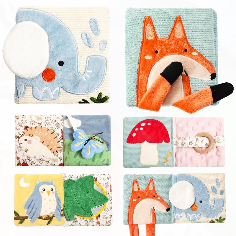 WOODEN TEETHER Baby Soft Books 0-6 Months, Touch and Feel Crinkle Cloth Books for Babies - Sensory Toys with Mirror for Newborns 0 3 6 12 Months, Car Seat Toys Gifts for Infants Girls Boys