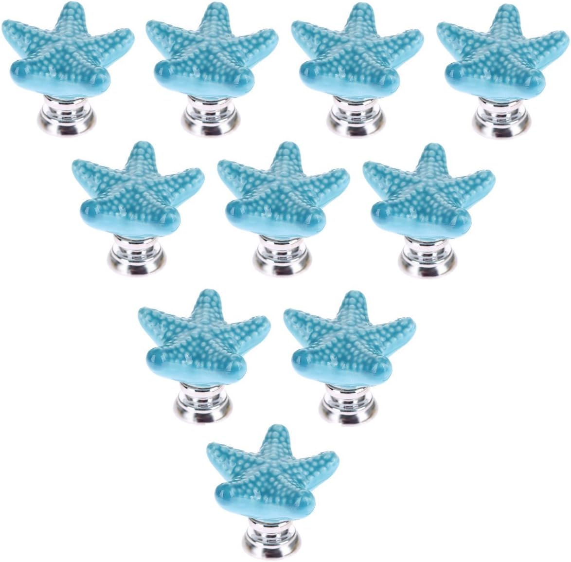 Creatwls 10pcs Starfish Home Decor Mediterranean Style Ceramic Drawer Cabinet Cupboard Door Pull Handle Knob Children's Room Decoration 7 Colors Available-Blue