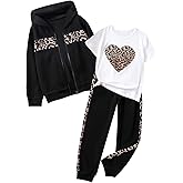 Ltvoo Girls Casual Sweat Suit 3 Piece Zip-Up Hoodie Short Sleeve Heart Graphic Tee and Sweatpants Jogger Pants Sets for 8-14Y
