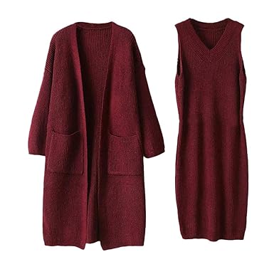 Damen einfarbig Strickjacke,Frauen Winter Warme Stricken solide Pullover Kleid + Mantel 2-teiliges Set,Winterjacke Parka Outw