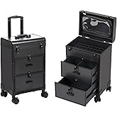 3 in 1 Rolling Makeup Case, Professional Cosmetology Case on Wheels with 2 Drawers, Ideal Gift for Hairstylist, Nail Techs, 3 Tiers Portable Beauty Organizer Case for Travel or Salon Use, Black