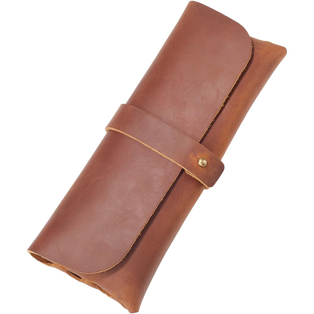 GORGECRAFT Genuine Leather Snap Cover Pen Case Coconut Brown Crazy Horse Leather Roll Pouch Rustic Pencil Pouch Large Capacity Stationery Bag Organizer for Men Women Glasses Office Writers Artists