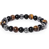 ELKEYE Crystal Energy Protection Bracelet 8mm Black Obsidian Tiger Eye Natural Agate Stone Healing Beaded Protection Bracelet Yoga Bracelets Elastic Adjustable Size