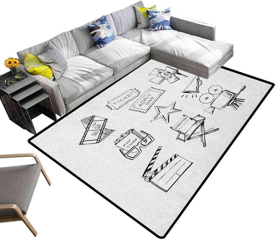Floor Mat Movie Theater, Super Soft Area Rugs Sketchy Movie Icon Set in Black and White Entertainment Industry Media TV for Sitting Room Bedroom Dormitory Black White, 6.5 x 10 Feet