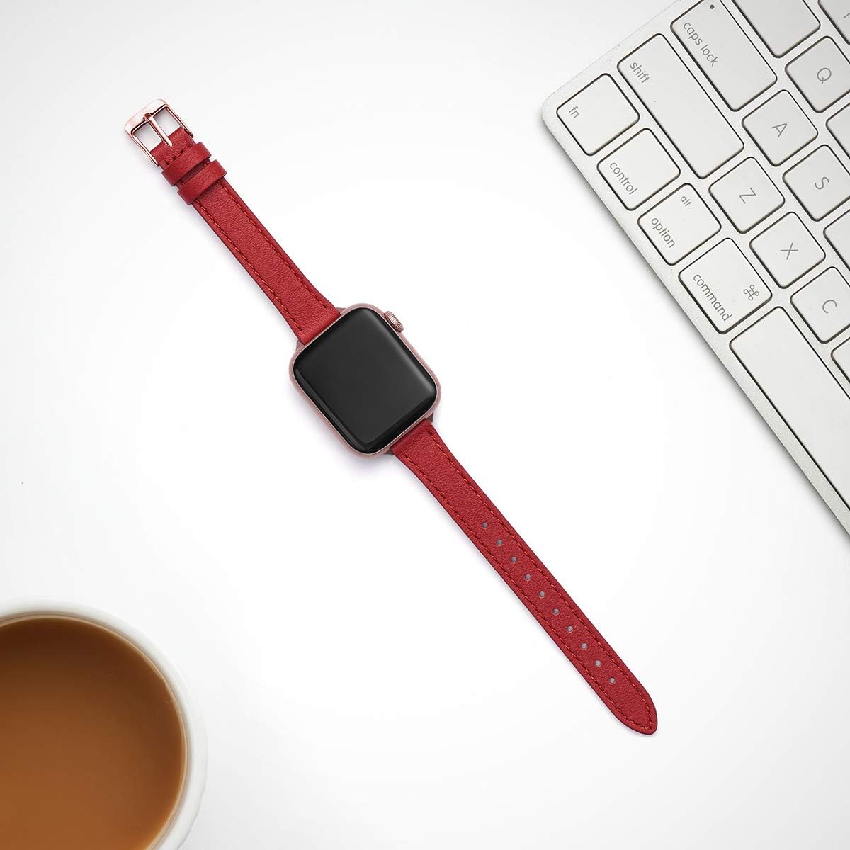 SUNFWR Compatible with Apple Watch Strap 38mm 40mm 41mm,Genuine Leather Strap Replacement,Slim&Thin Wristband for iwatch Series 7/6/5/4/3/2/1,SE(38mm 40mm 41mm,Red&Rosegold) - Image 5