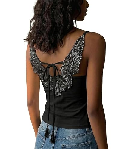 Women's Angel Wings Embroidery Y2K Tank Tops Sexy Ribbed Knit