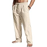 QOSOQ Men's Casual Linen Pants Loose Fit Drawstring Waist Lightweight Linen Trousers Summer Yoga Beach Long Pants