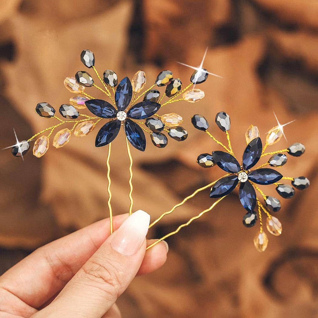 IYOU Rhinsetone Wedding Hair Pins Navy Blue Flower Head Piece Crystal Baroque Bridesmaid Prom Hair Accessories for Women(Pack of 2)