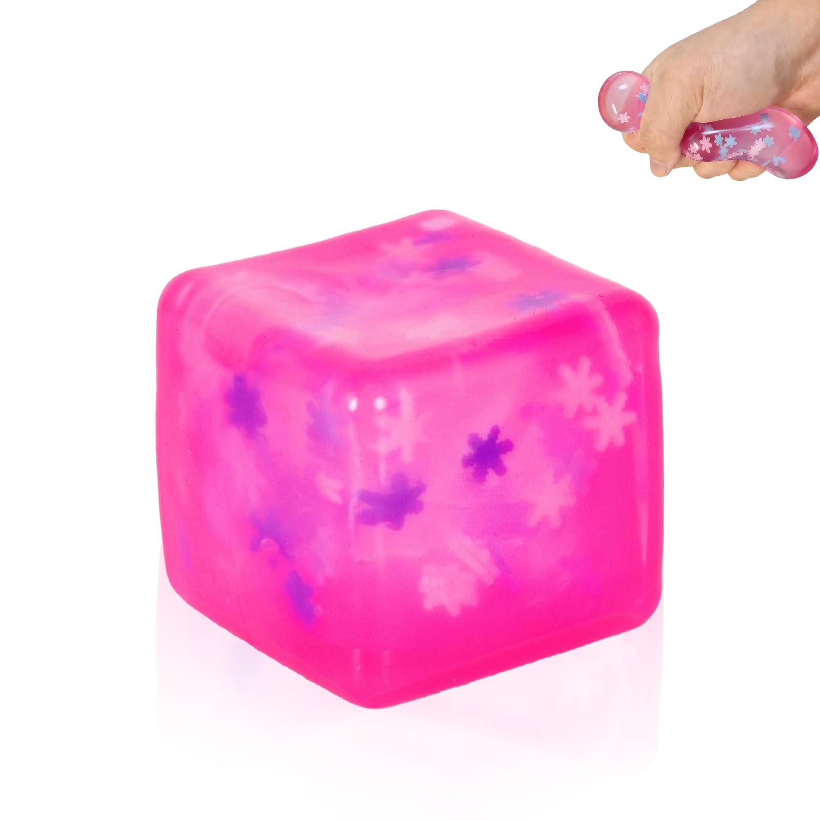 Stress Balls Ice Cube with Snowflakes 1.97", Snow Pieces Silent Nice Square Shape Anxiety Sensory Squishy Fidget Toy Slow Rise(Pink)