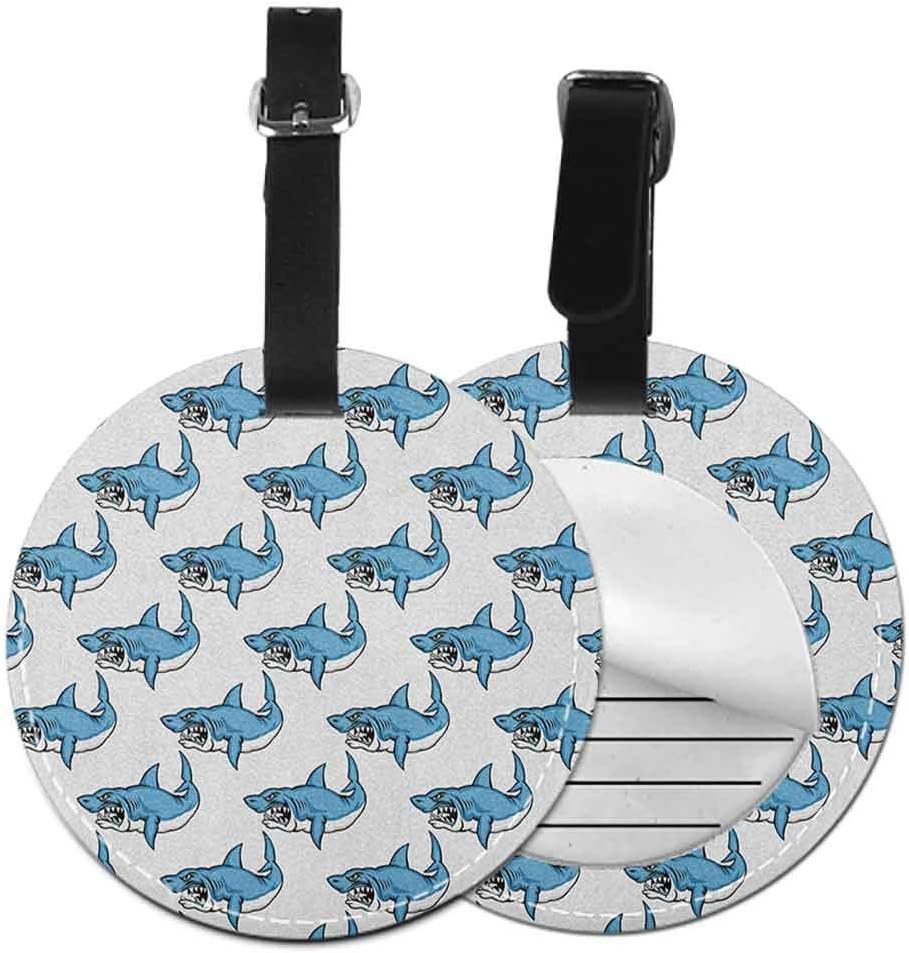 Leather round luggage tag Sea Animals Quickly find the suitcase Fierce Predator Wild Shark Swimming Sharp Teeth Bite Nautical Theme Pattern,Diameter3.7" Blue White