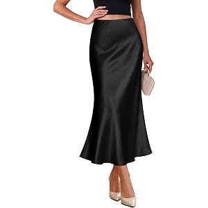 OFEEFAN Stain Skirts for Women Elegant High Waist Cocktail Party Midi Skirt | Silky satin midi skirt, hidden elastic high wai