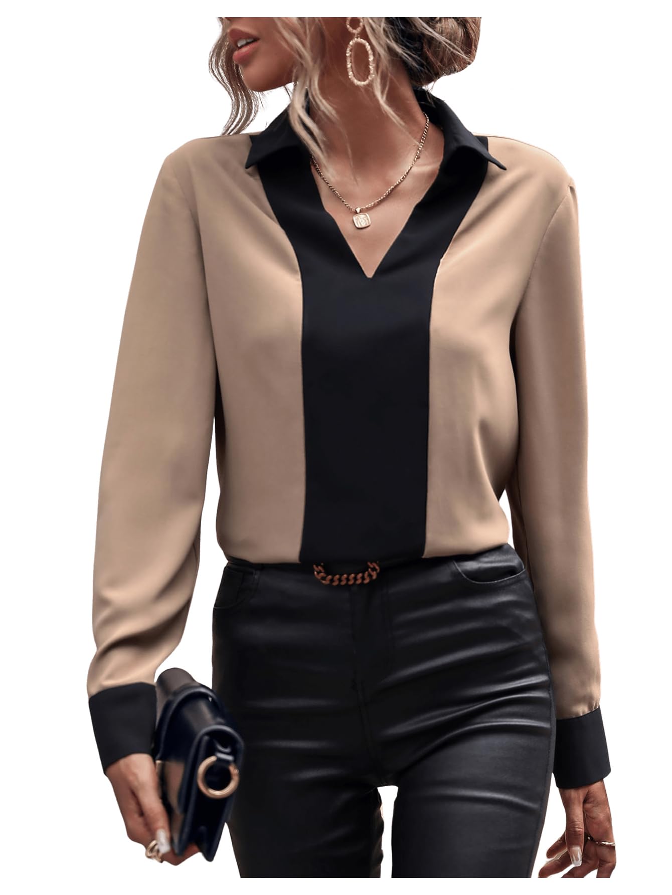 Photo 1 of OYOANGLE Women's Women's Bishop Long Sleeve Notched V Neck Blouse Work Office Tops Shirt Khaki and Black L
