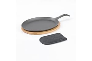 HAWOK Cast Iron Fajita Plate, 15.35''Lx7.09''W, with Bamboo Tray and Handle Holder, Pre-seasoned