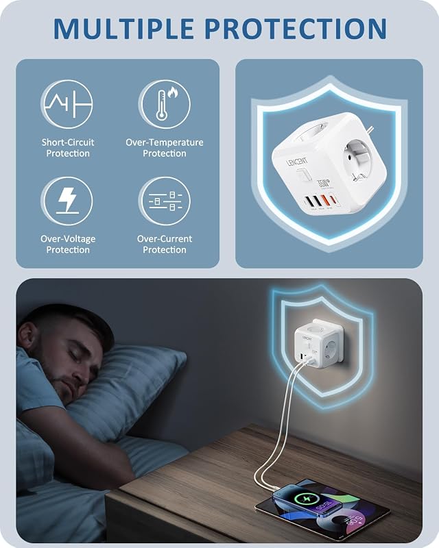 Lencent usb plug cube com carregamento rápido pd35w, ladron plug 4000w com 3 tomadas ca, 3 usb e 1 pd35w, multiple wall plug cube com interruptor, carregador usb para família, cozinha e escritório