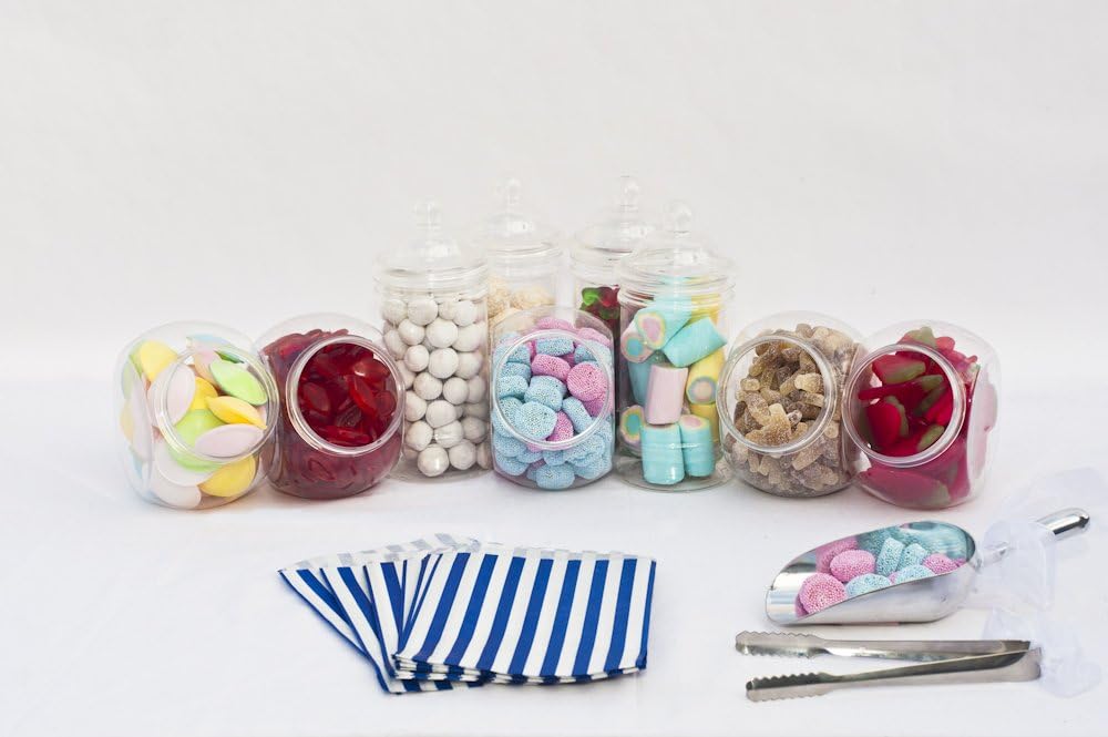 Wedding Sweet Table Kit: x10 Jar, x2 Tongs & 100 Candy Stripe 5"x7" Sweet Bags (Choose Sweet Bag Colour: Pink Blue Purple Red Green Grey Black Yellow) Candy Bar Buffet (Blue Sweet Bags x100)