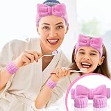 Aomig Spa Headbands Women Fluffy Bowknot Elastic Microfiber Pink 2 Wrist Straps view 6