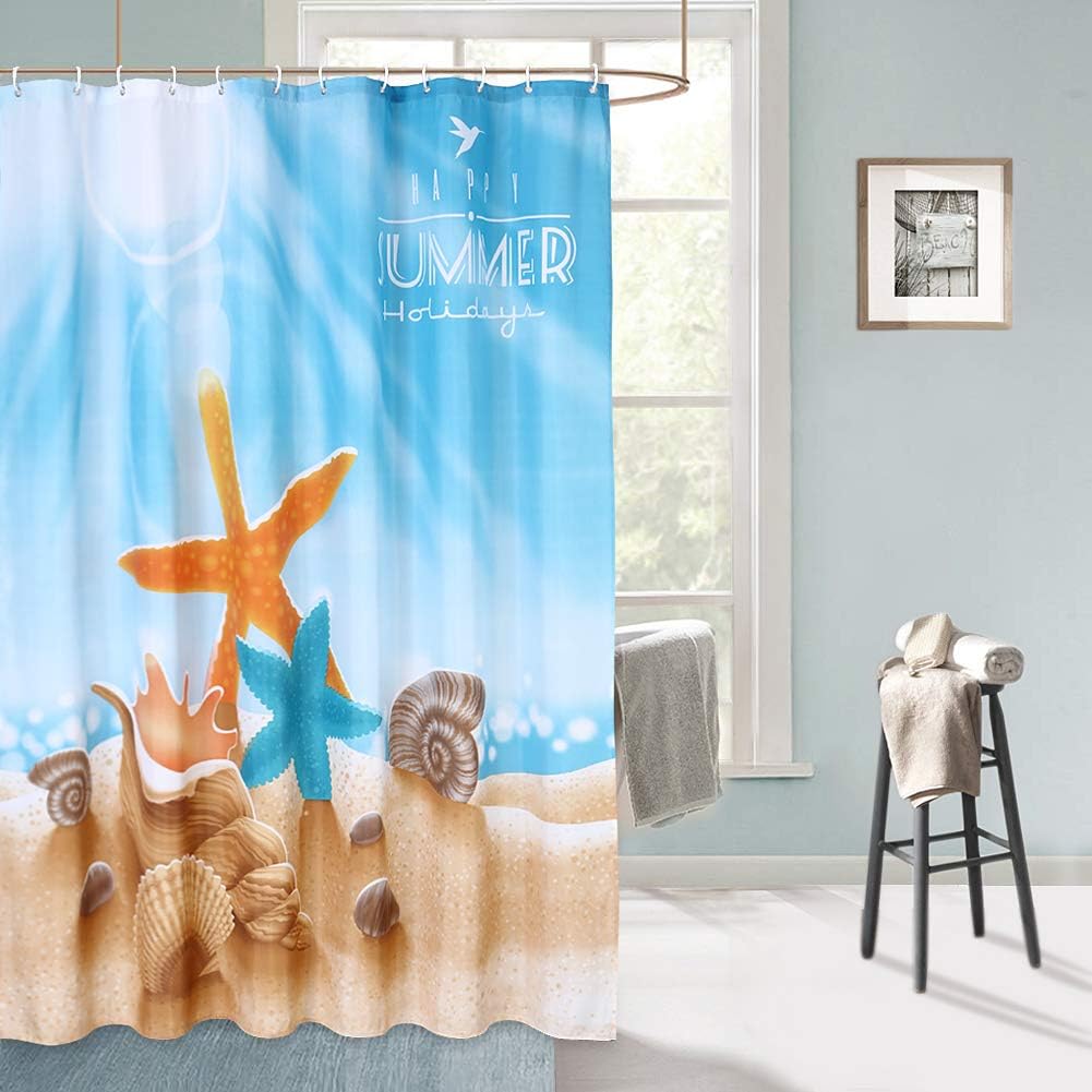 LinTimes Starfish and Seashells Bathroom Shower Curtain