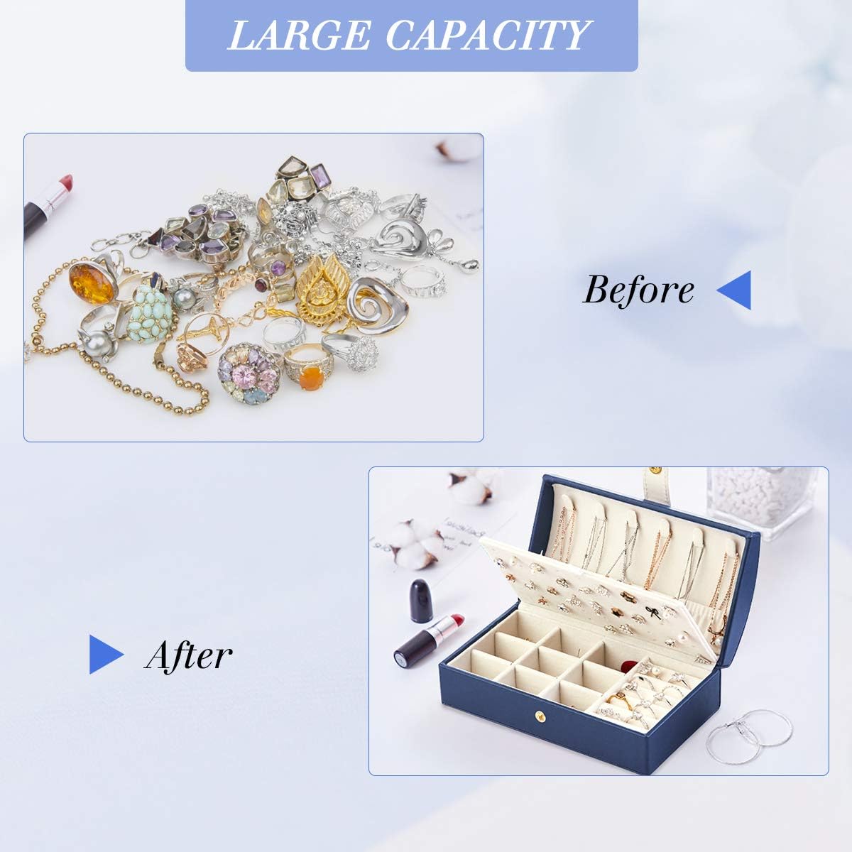 Travel Jewelry Box for Women, JOMARTO Two-Layer Jewelry Display Case PU Leather Jewelry Organizer for Necklace Earring Rings Compact Portable Jewelry Box with Button- Navy Blue: Home Improvement