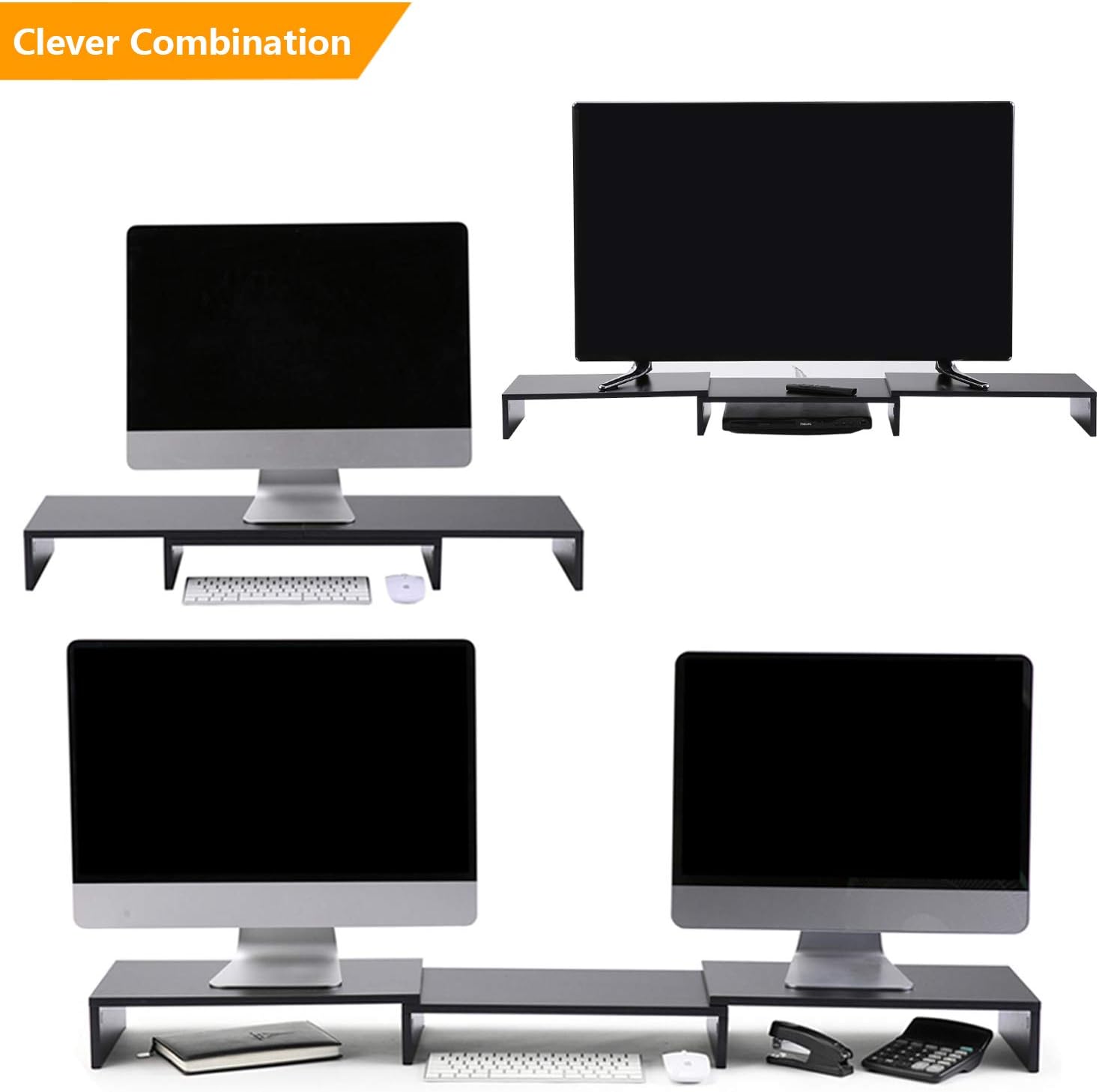 5Rcom Dual Monitor Stand 3 Shelves Desk Riser with Adjustable Length and Angle Computer TV PC Laptop Screen Stand, Multi Desktop Stand Storage Organizer for iMac, Printer, Notebook : Office Products
