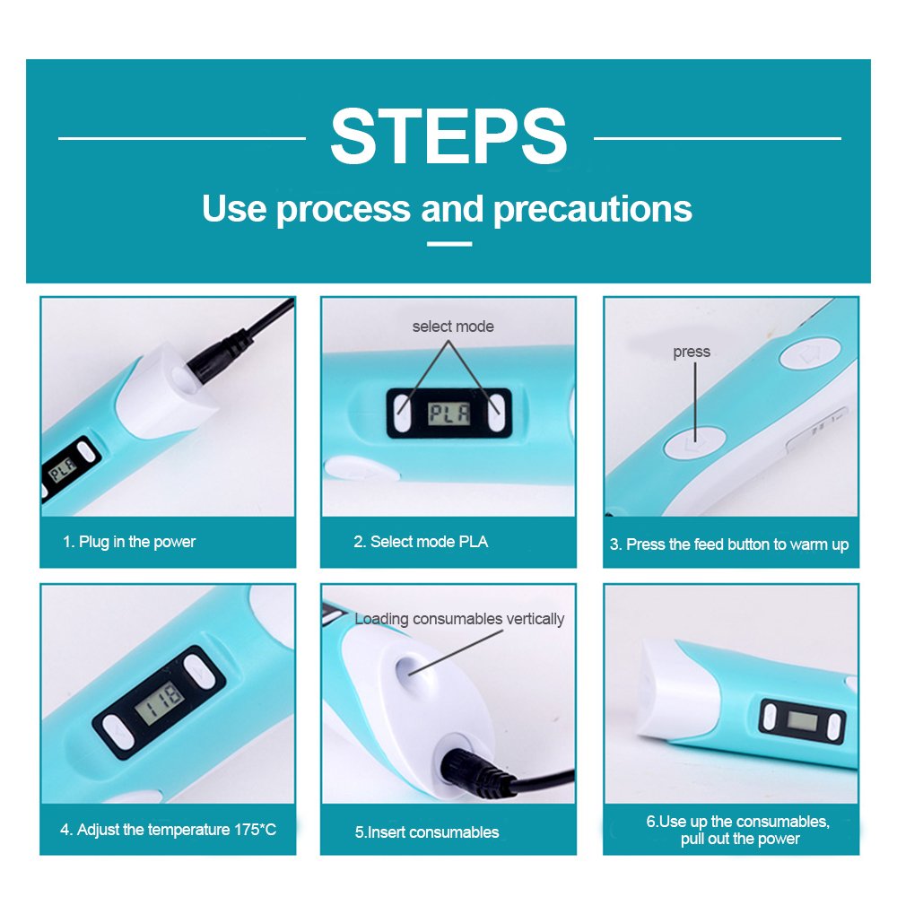 3D Printing Pen for Kids,Juboury JBY-II 3D Drawing Pen with LCD Temperature Display for Model Printing,Art Design,DIY and Crafts Drawing-Compatible with 1.75mm ABS and PLA Filament (Blue)