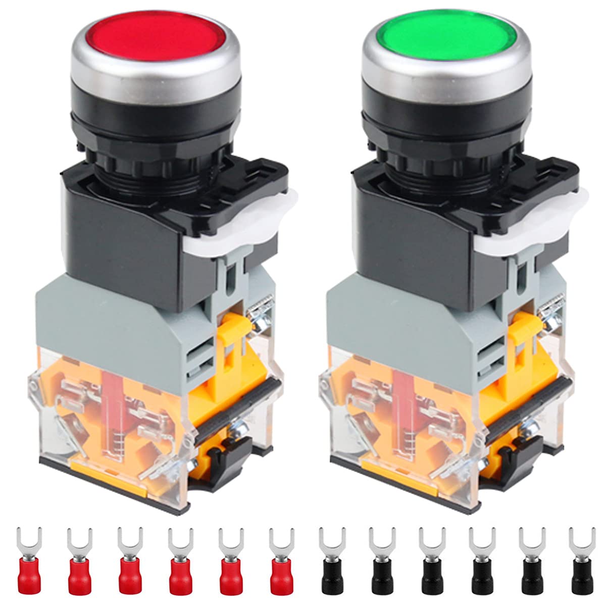 Xiatiaosann 2 Pcs 24V 22mm Momentary Push Button Switch 10A 2 Color (Red/Green) LA38-11DN 1NO 1NC LED Indicator Light Switch for DIY with 12 Pcs Fork Terminal