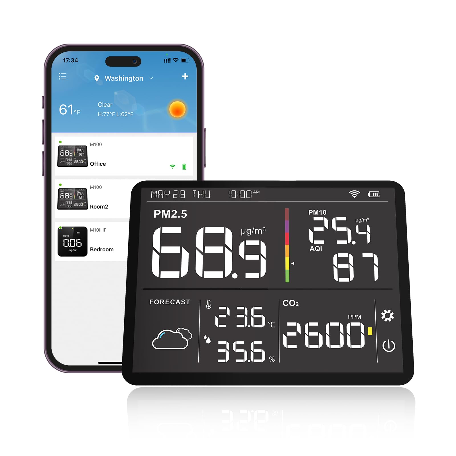 Temtop M100-UP Luftqualitätsmessgerät Wetterstation, 2.4G WLAN Bluetooth Thermometer mit App, 8-in-1 Luftqualitätsmessgerät (PM2.5/CO2/Temperatur/Feuchtigkeit)
