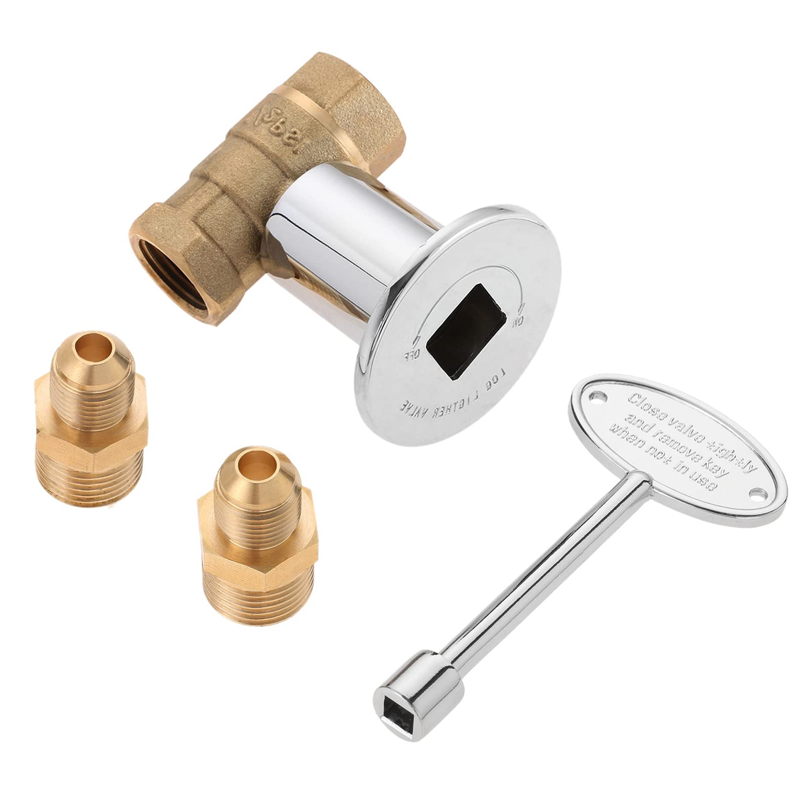 Aupoko 1/2 Inch Straight Quarter Turn Shut-Off Valve Kit with Polished Chrome Flange and 3-inch Key for NG LP Gas Fire Pits Indoor & Outdoor Fireplace (3/8" Male Flare, 1/2" NPT Fittings x 2)