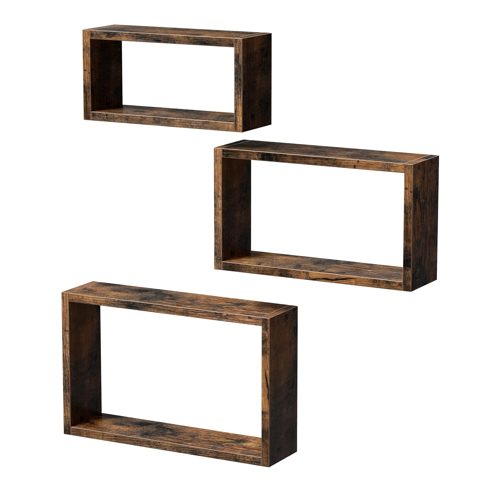 VASAGLE Set of 3 Wall Shelves, Cube Shelves, Length 40/35/30 cm, for Living Room, Bedroom, Study Room, Vintage Brown LWS094X01, Rustic Brown