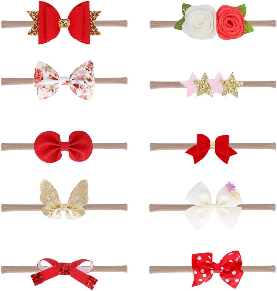 Xiaoyu 10PCS Baby Girls Headbands and Bows, Newborn Infant Toddler Hair Accessories, Red, Small