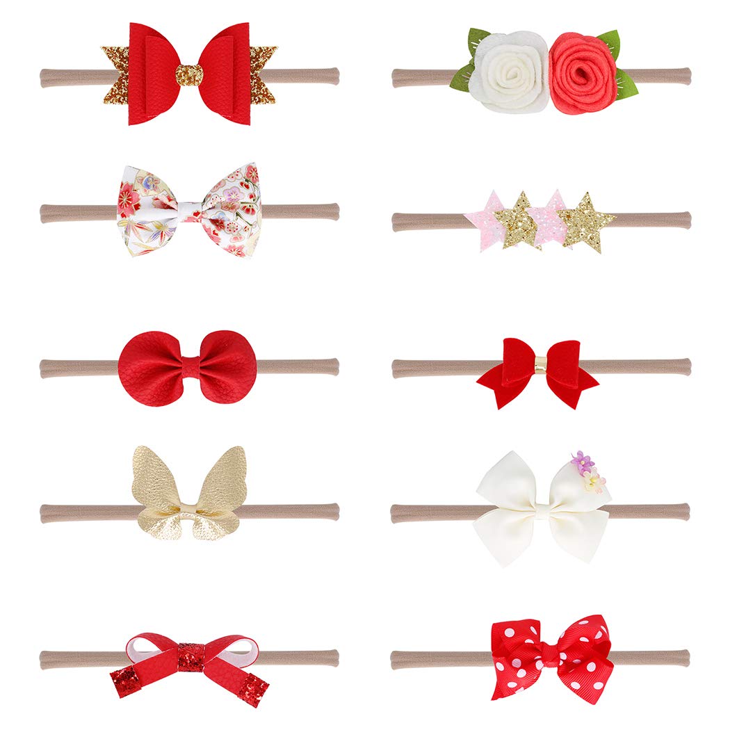 Xiaoyu 10PCS Baby Girls Headbands and Bows, Newborn Infant Toddler Hair Accessories, Red