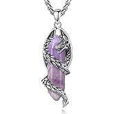 Vito Dragon Necklace for Women Men, Hexagonal Prism Obsidian/Rose Quartz/Lapis Lazuli/Amethyst/Turquoise Healing Crystal Energy Amulet Protection Jewelry Gift, 20"+2"