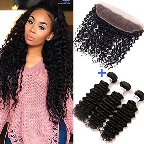 GEFINE 9A Brazilian Deep Curly Virgin Hair 3 Bundles with 1pc 13''x4'' Ear to Ear Full Lace Frontal Closure Free Part 100% Unprocessed Human Hair Extensions Weave Natural Color (14+16+18+12inch)