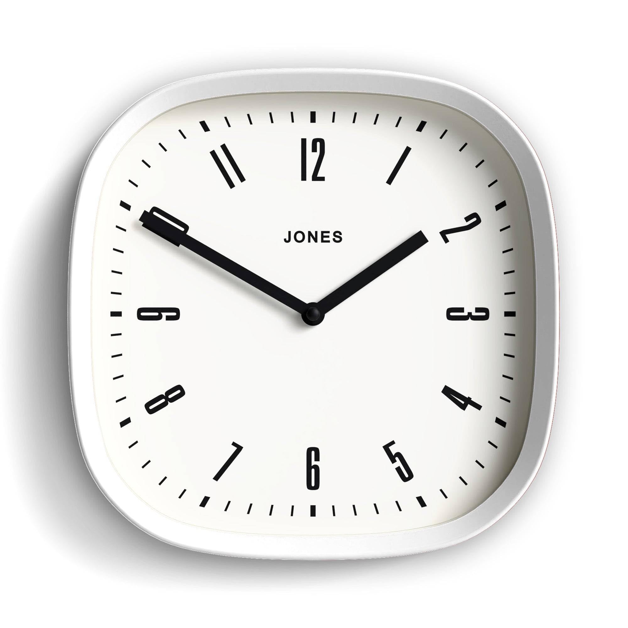 Jones Clocks® Marvel wall clock | Retro rounded square clock | 25cm | White | Cool designer look for kitchen, living room or office