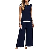 Gardenwed Women's Two Piece Outfit, Cap Sleeve Top and Wide Leg Pants Elegant Summer Set with Trim Design