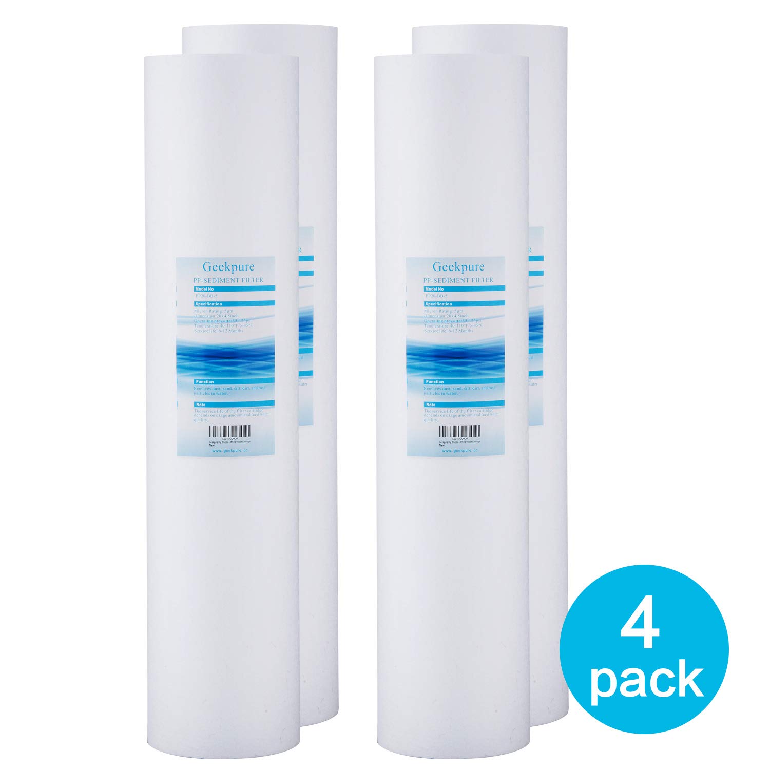 Geekpure 20-Inch Big Blue PP Sediment Water Filter Cartridge for Whole House (Pack of 4) -20"x4.5"-5 Micron