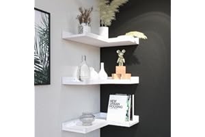 Boswillon 3 Tier Corner Floating Shelves with Protective Lip, Modern White Corner Shelves Wall Mounted, Corner Ledge Shelves for Wall Decor, White Shelves for Living Room, Bedroom, Bathroom - White