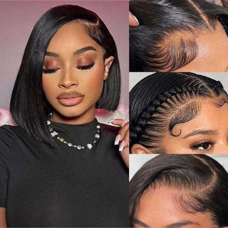 Straight Bob Wig Human Hair 13X4 Transparent Lace Front Bob Wig 10Inch Pre Plucked Bleached Knots Straight HD Lace Front Bob Wiig Black Color โ image 1