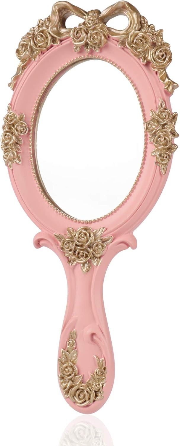 Makeup Hand Mirror Vintage Travel Hand Held Mirror, Pink