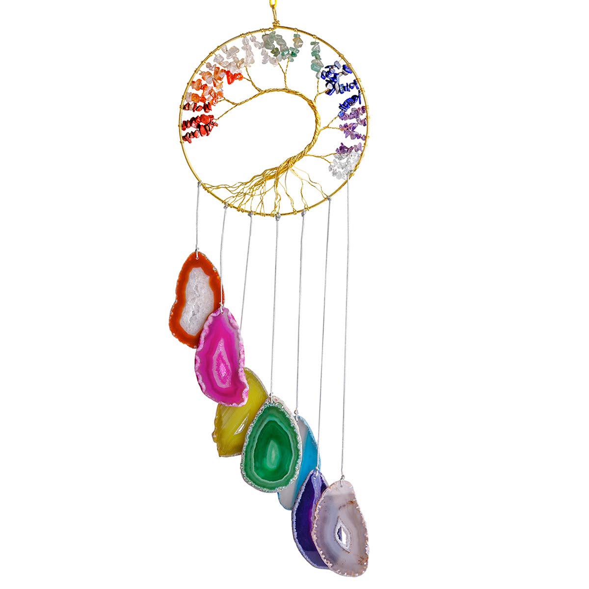 Nupuyai 7 Chakra Tree of life Agate Slice Wind Chime, Wall Art Hanging Healing Crystal Ornament Home Decor