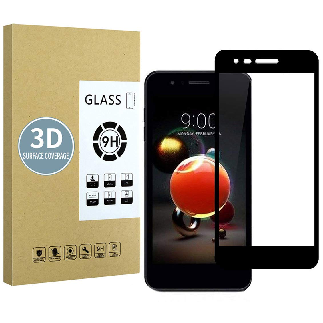 E-Hamii Screen Protector compatible with LG K8 2018[Black],[High Definition][Anti Scratch],3D Tempered Glass,[Sensitive Response][ Bubble-free Installation]