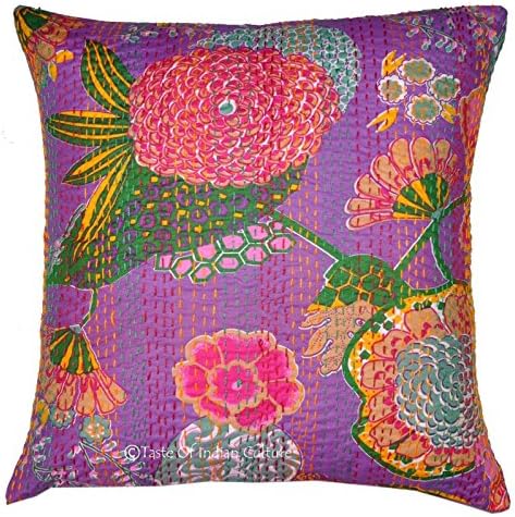 Floral 16" Purple Cushion Pillow Cover Kantha Throw India Cotton Boho Decorative