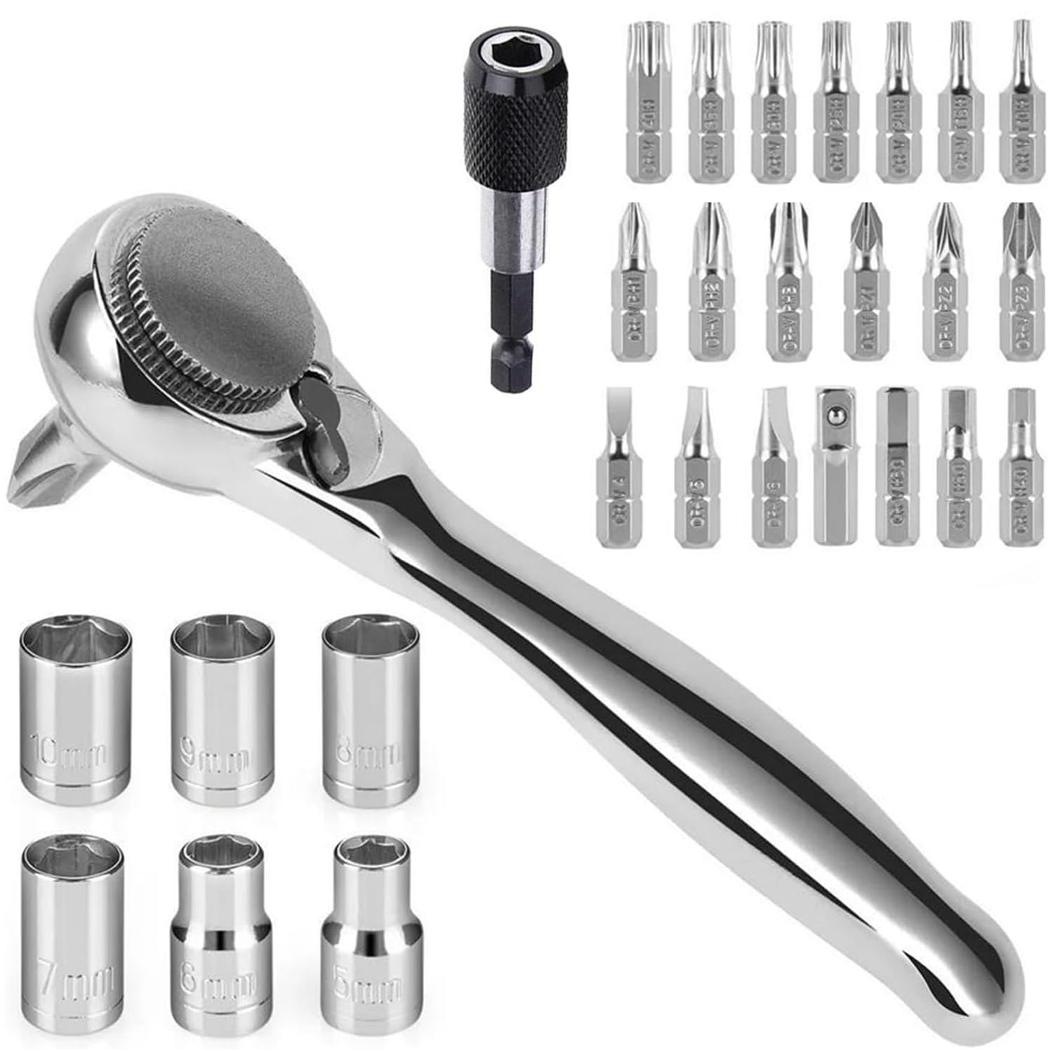 Bestgle 28Pcs Mini Ratchet Wrench Screwdriver Bits Set, 72 Tooth Small Reversible Offset Ratchet Wrench with Magnetic Bit Holder, Metric Sockets & Screwdriver Bits Assortment