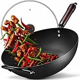 Wok, 13 Inch carbon steel woks & stir-fry pans nonstick, Pre-Seasoned 5.8QT Flat Bottom Chinese Wok Paella Pan with lid, Carbon Steel Cookware, Compatible with All Cooktops