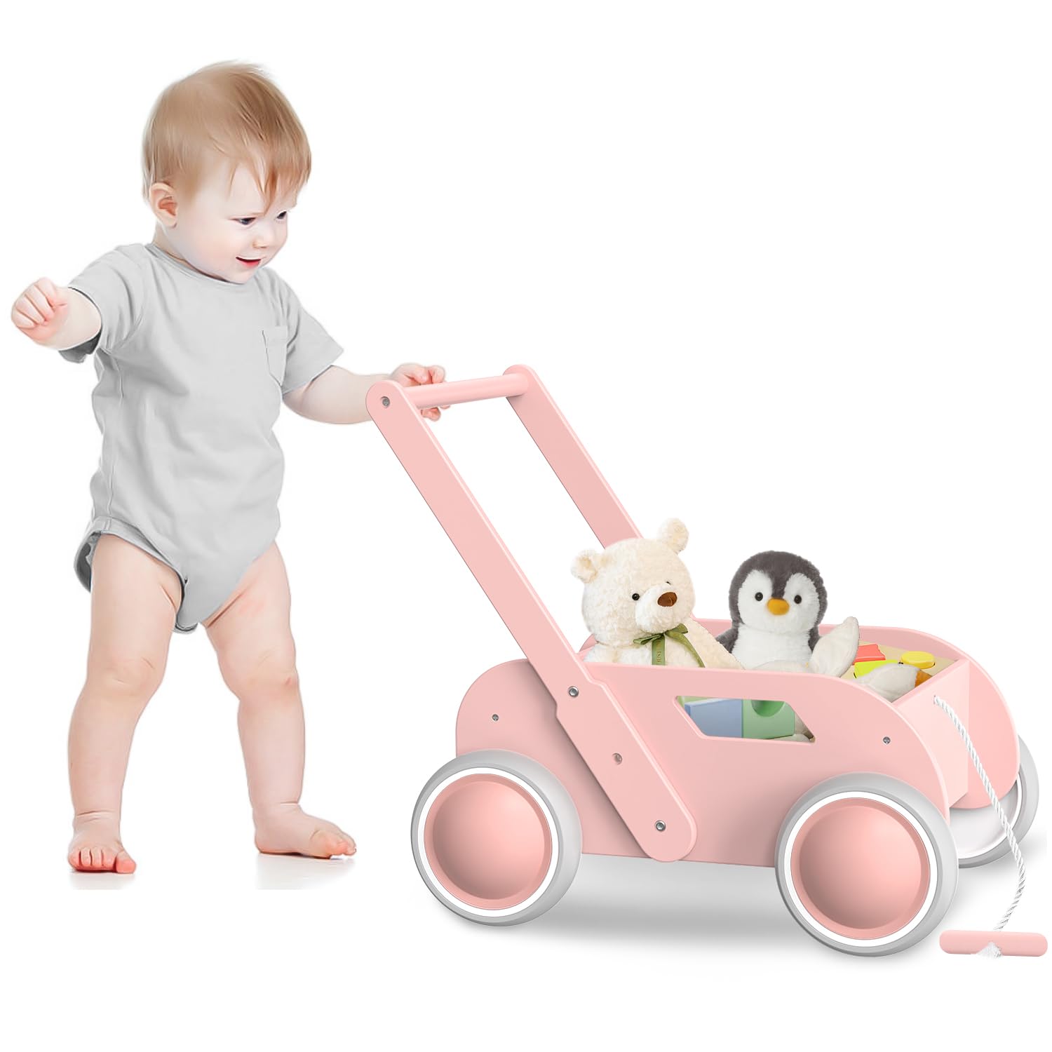 Photo 1 of Wooden Baby Walker, Push and Pull Learning Walk Toys for Infants to Toddler, Walker with Wheels for Boys Girls, Gift for Birthday Christmas, Pink